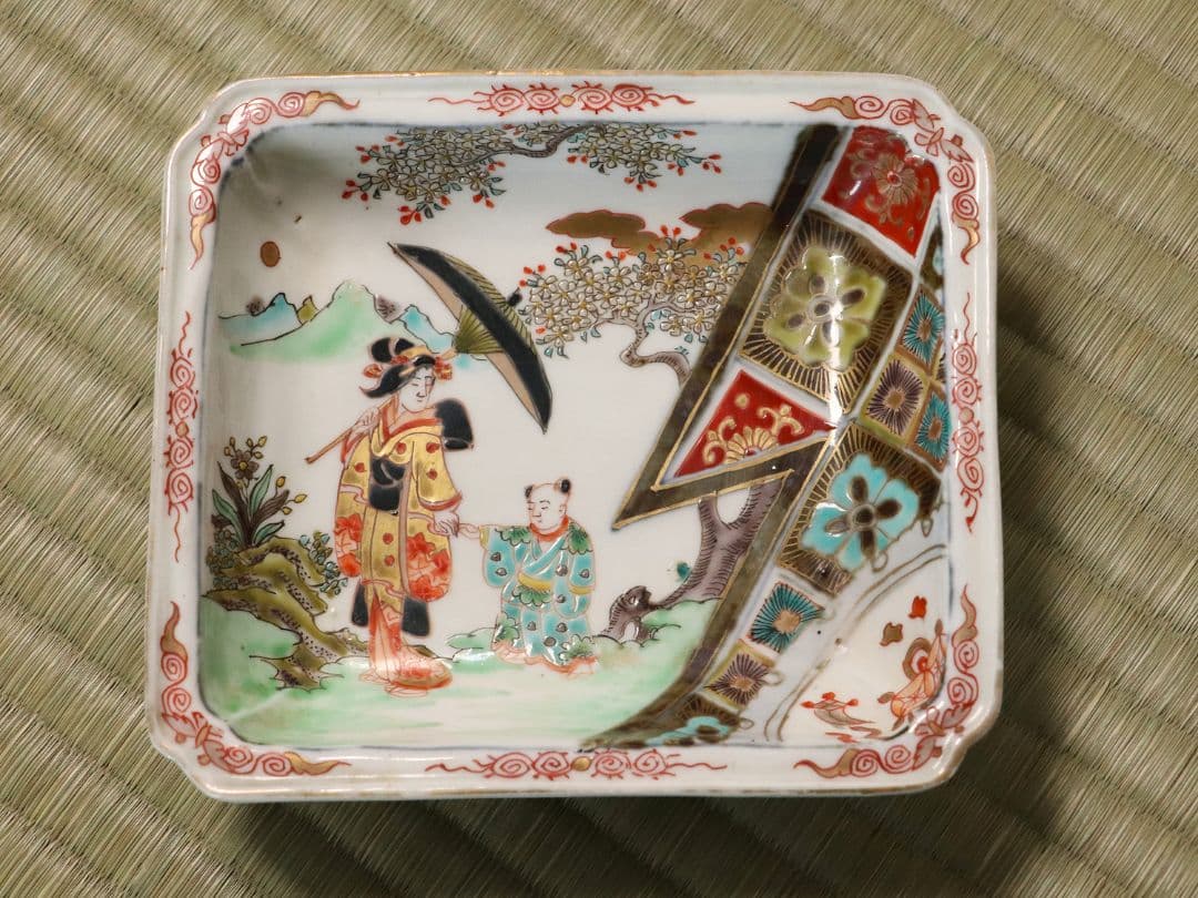 古伊万里 美人図 色絵 角皿 刺身皿 五客 人物 桜 小紋 明治期【MA424】