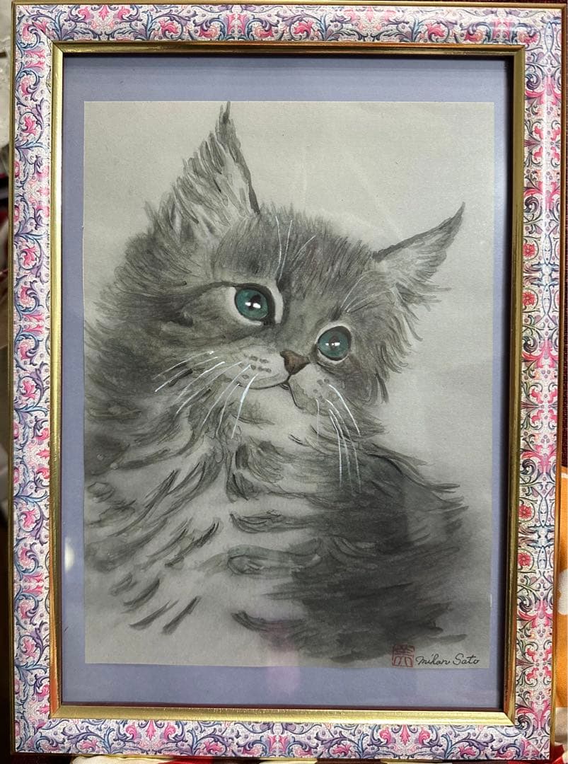 癒しの絵パステル画　水彩画　猫ちゃん
