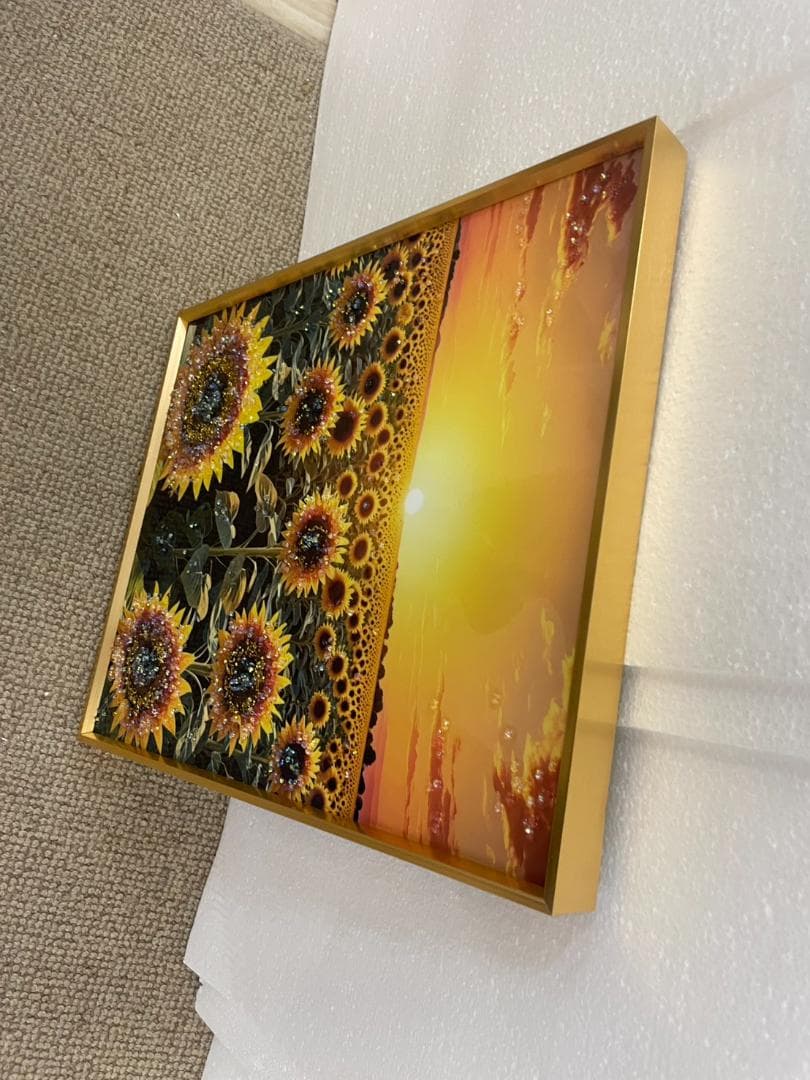 水晶絵　ひまわり　風景画　風景　アート　額縁　アートパネル　向日葵　立体　絵画