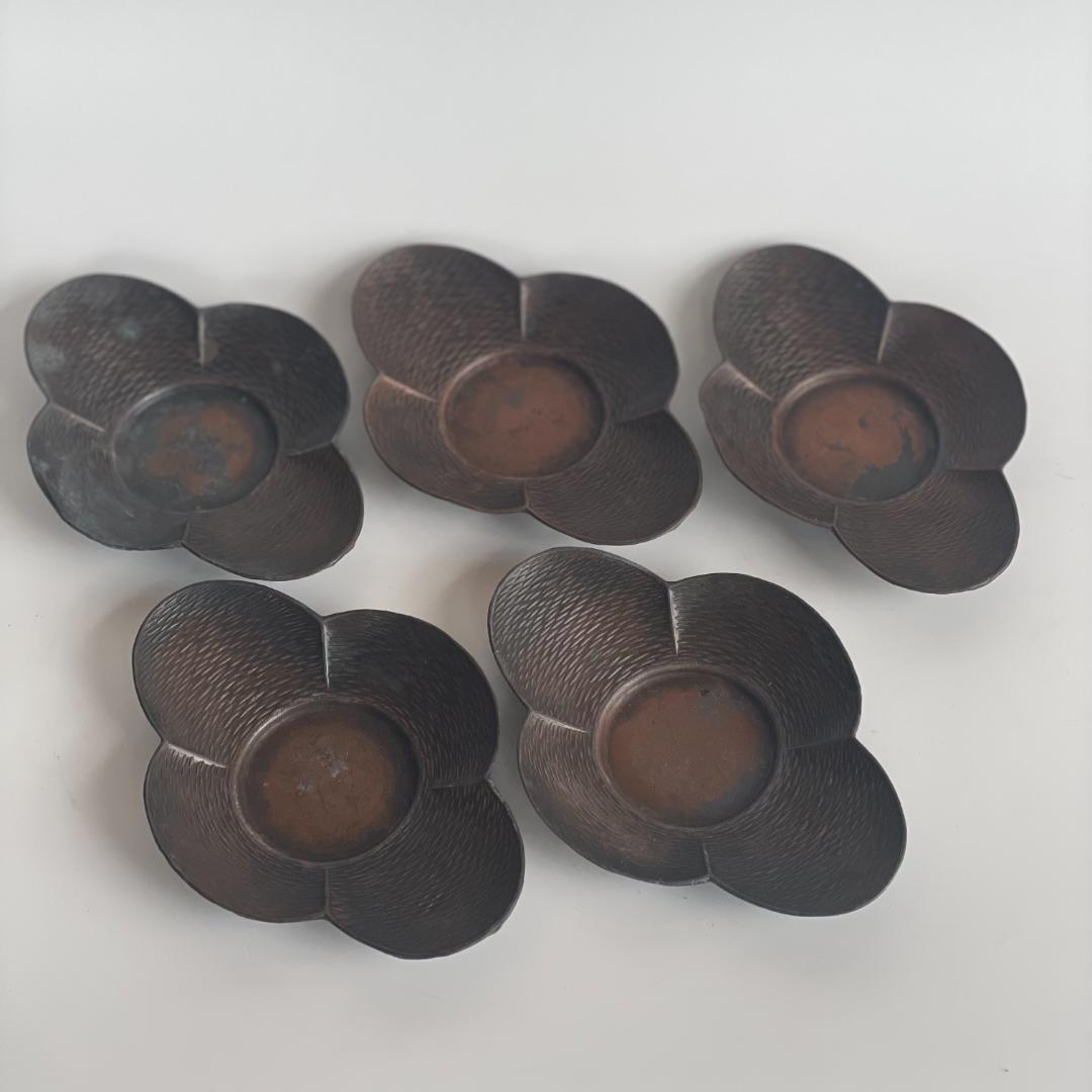 清順記号 古銅 古錫 木瓜 雲形 茶托 5客 茶卓 小皿 中国 古玩 唐物