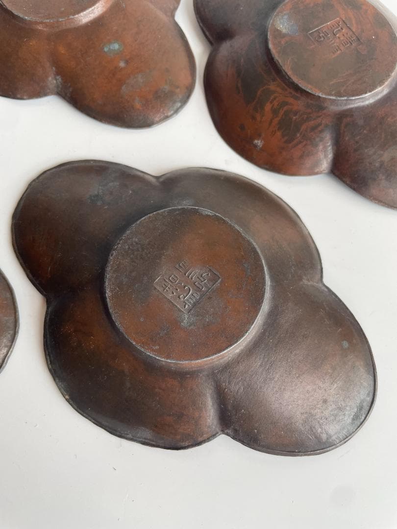 清順記号 古銅 古錫 木瓜 雲形 茶托 5客 茶卓 小皿 中国 古玩 唐物