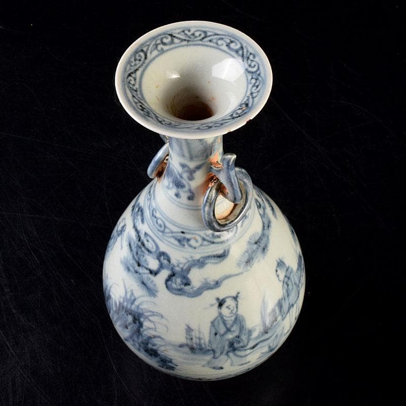 中国　青花　山水人物文　双耳瓶　玉壺春瓶　C　6900