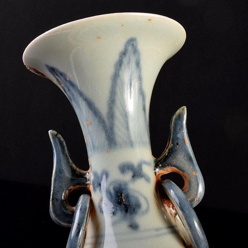 中国　青花　山水人物文　双耳瓶　玉壺春瓶　C　6900