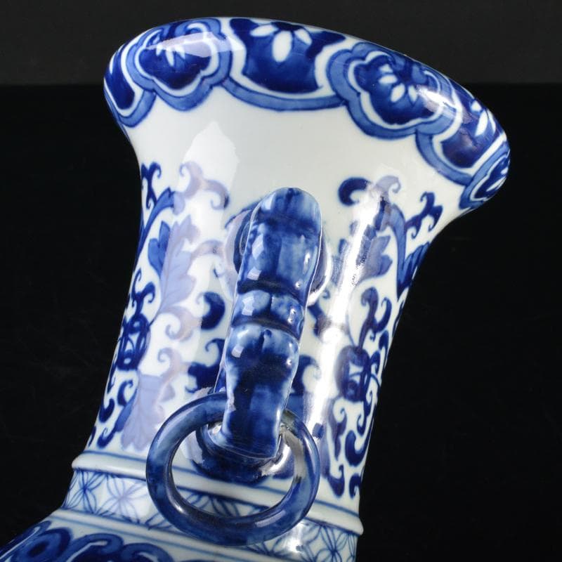 中国　大清雍正年製款　青花　唐草龍花文　遊環双耳瓶　V　R7172B