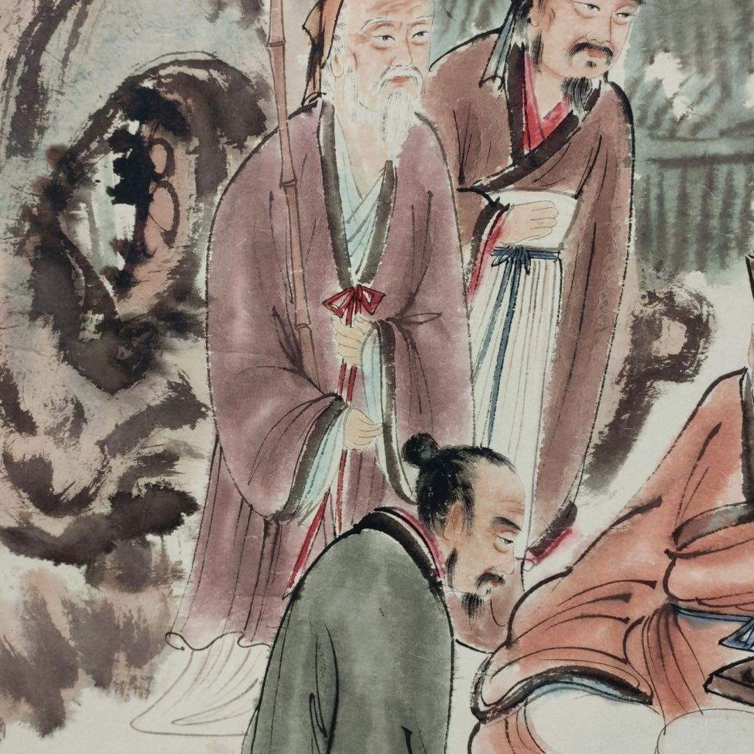 傅抱石《聚賢撫琴図》　三尺中堂掛軸　77×175cm