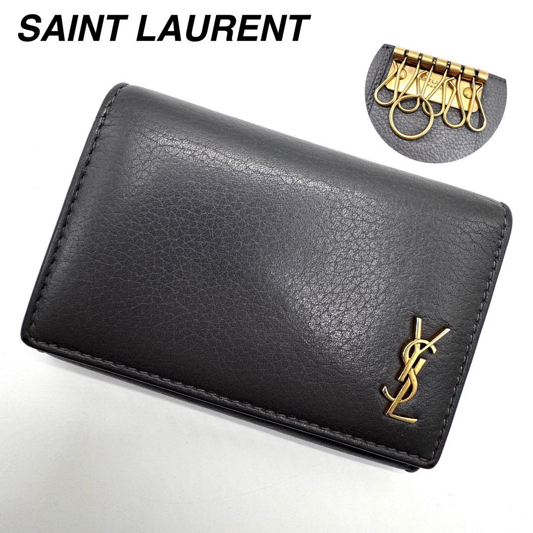 美品✨サンローラン　6連　キーケース　キーリング　カサンドラ　金ロゴ　グレー