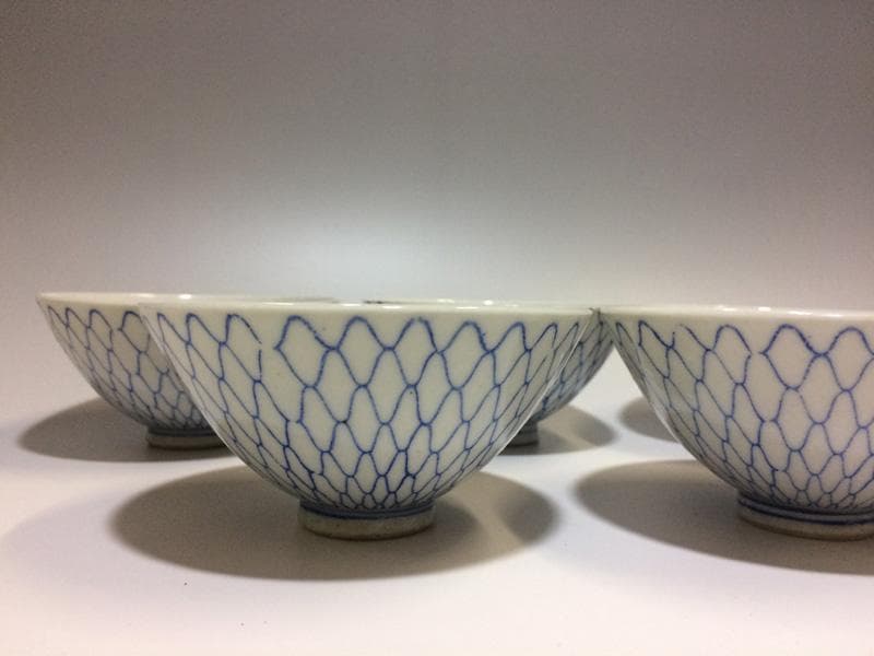 ★昭和レトロ★ レア！　印判　人気の 網目紋様　茶碗　五客　猪口三客オマケ