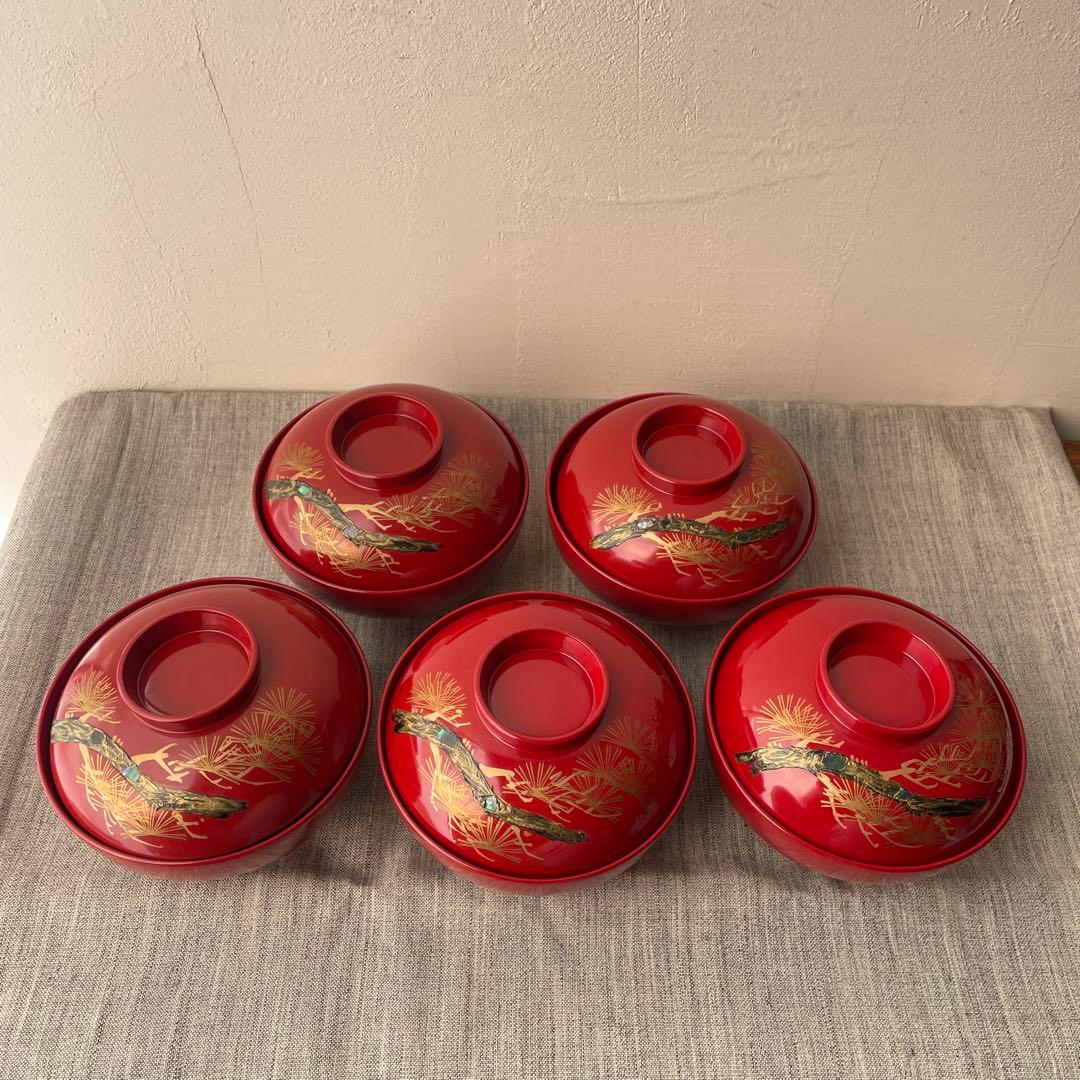 木製 螺鈿 手描き 漆塗 お椀 老松 ５個セット 加賀藩 山中塗？