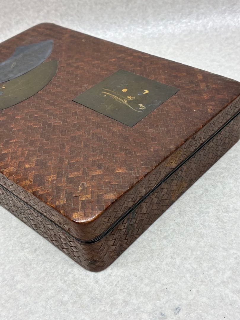 時代物 書道具 硯箱 作家物 扇面 彫金 象嵌 花文網代編 小物入 明治大正時代