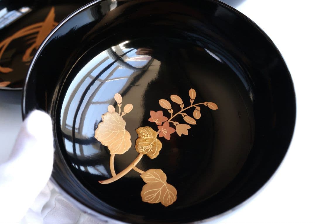 【CM397】天然木漆塗 菊桐鳳凰金蒔絵 黒塗 煮物椀 二客 昭和期 木製漆器