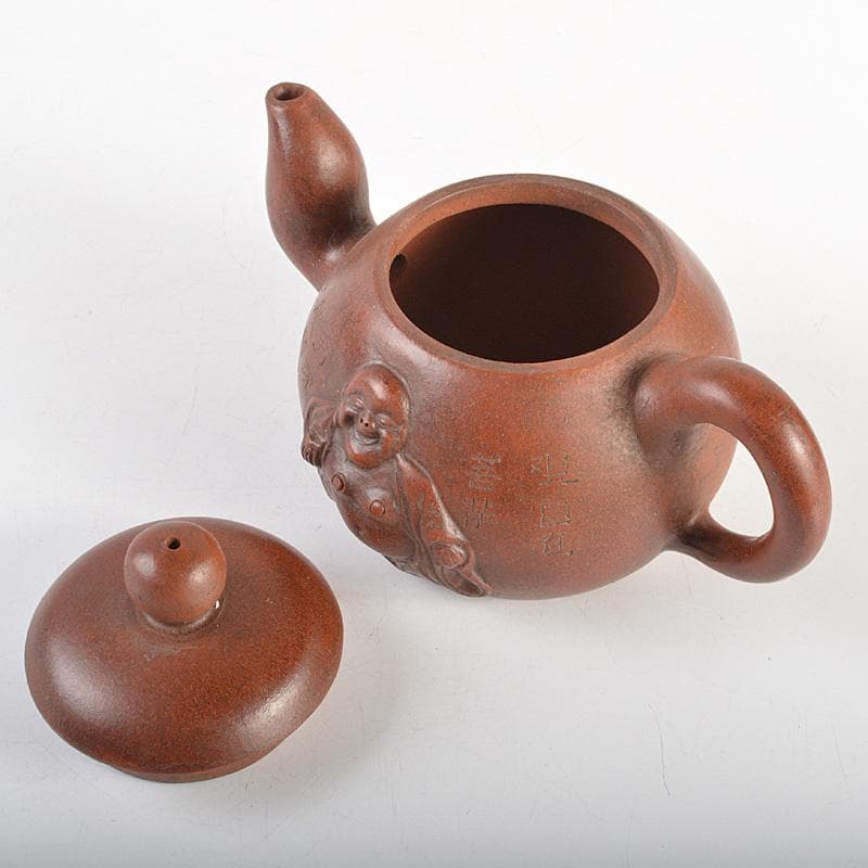中国　紫砂　朱泥　漢詩布袋像文　急須　茶壷　在銘　N　6667