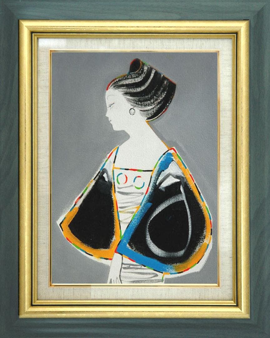 油絵 菅家令子 絵 絵画インテリア額付(青緑＋金色の枠) F3-010411女性