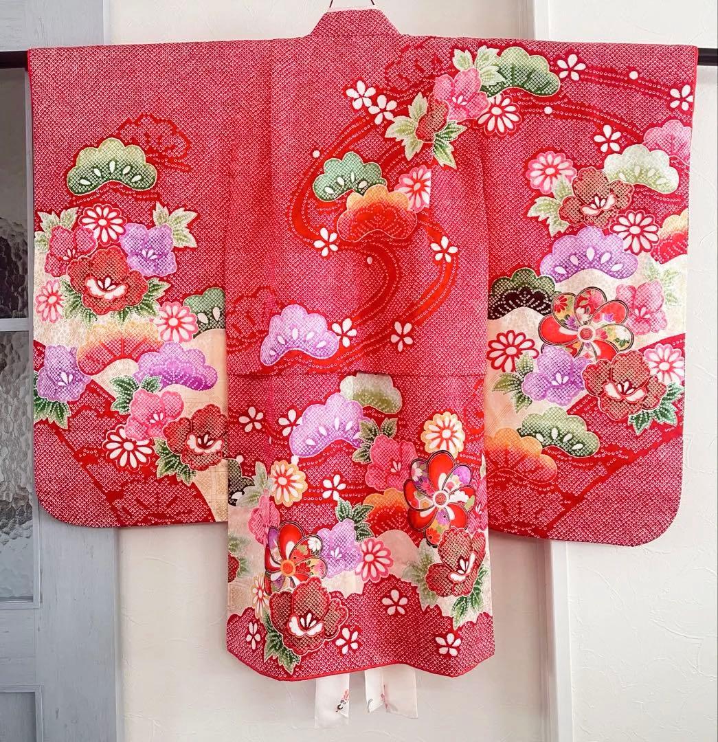 美品 七五三 三歳 女の子 正絹 赤 花柄 豪華お着物・長襦袢セット