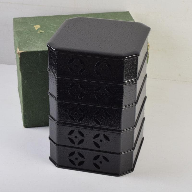 茶道具　漆塗　七宝透かし　縁高重　五段重　箱付　N　9148