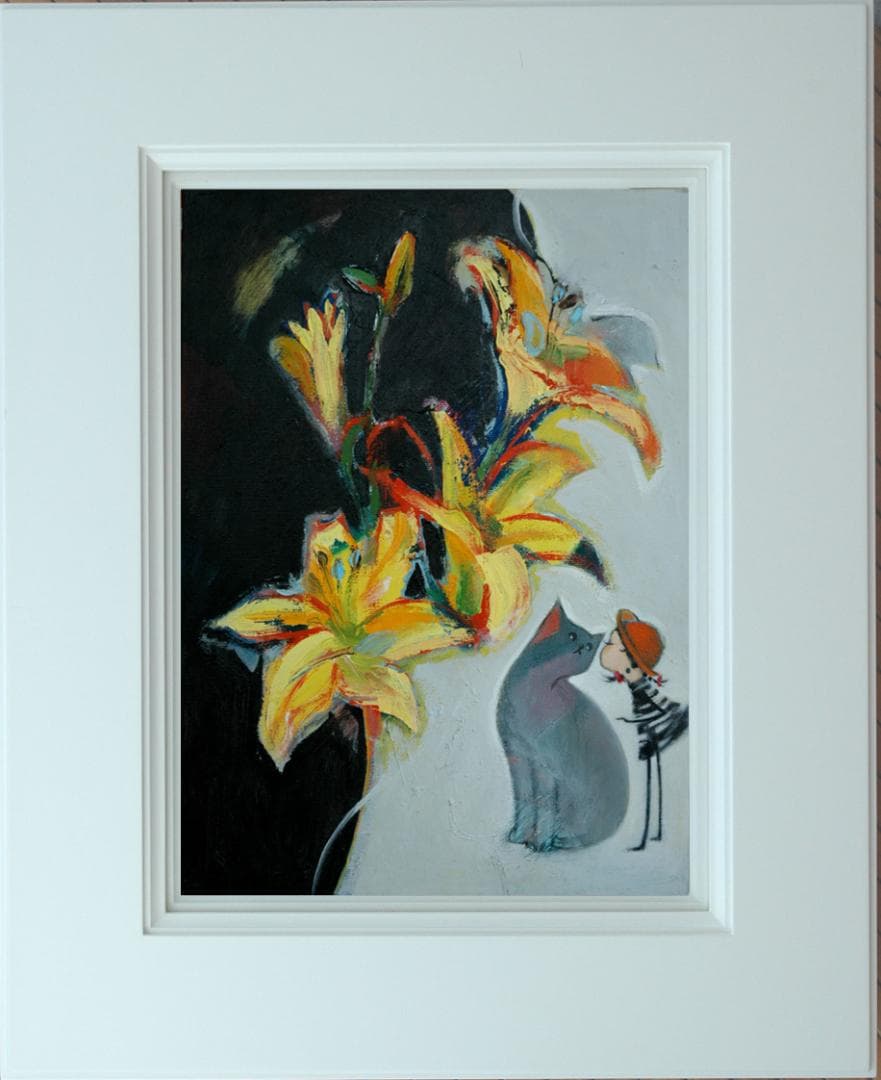 油絵 菅家令子絵 絵画インテリア額付(青緑＋金色の枠)uF6-050320猫女子