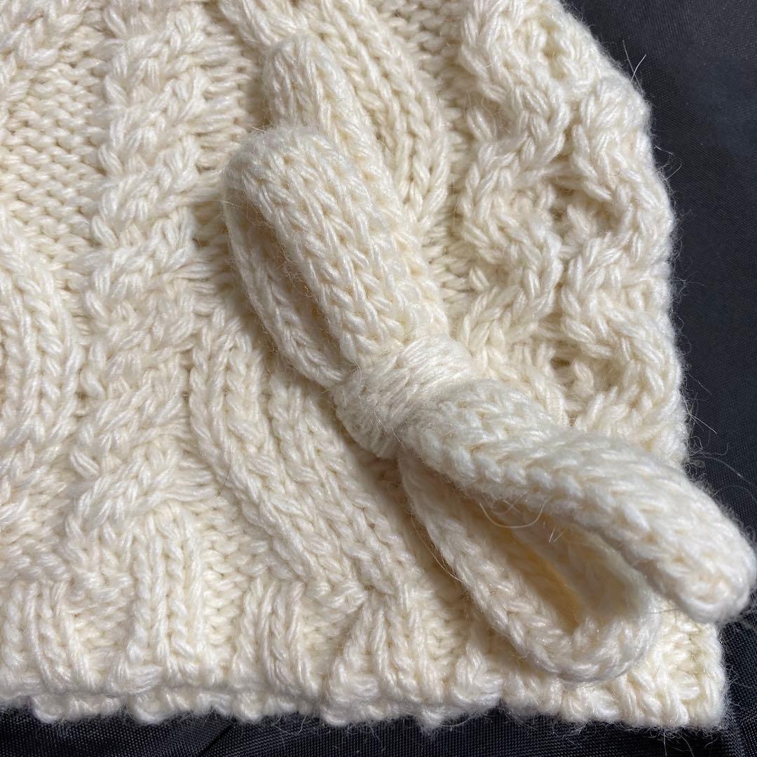 MIUMIU アイボリー ケーブル編み ニット帽 リボン付き