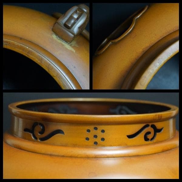 茶道具 大型朝鮮風炉 唐銅鬼面風炉 鉄釜 双龍耳 銅製蓋 総重さ7.9kｇ