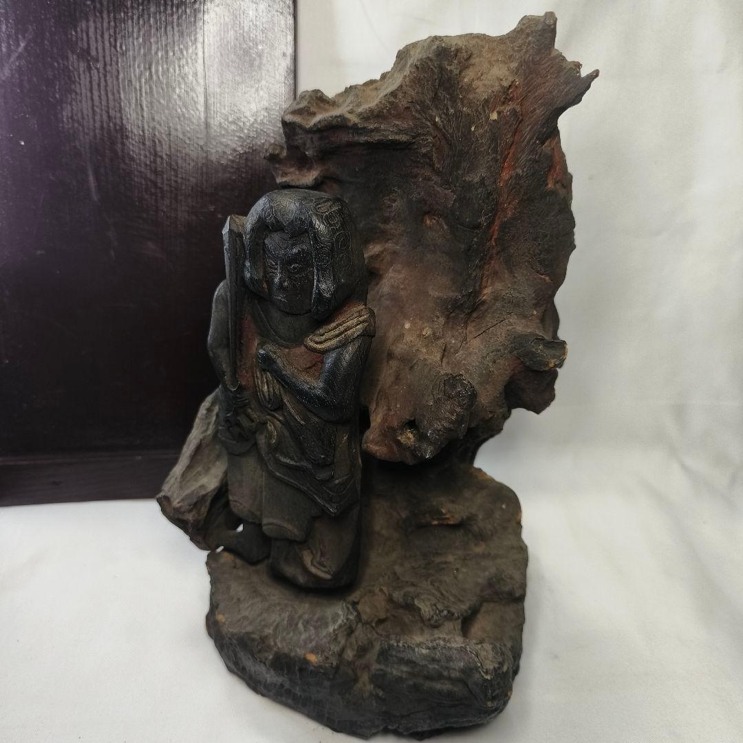不動明王像 木彫り 樹根彫り光背 江戸骨董 桐箱付 仏教美術 アンティーク
