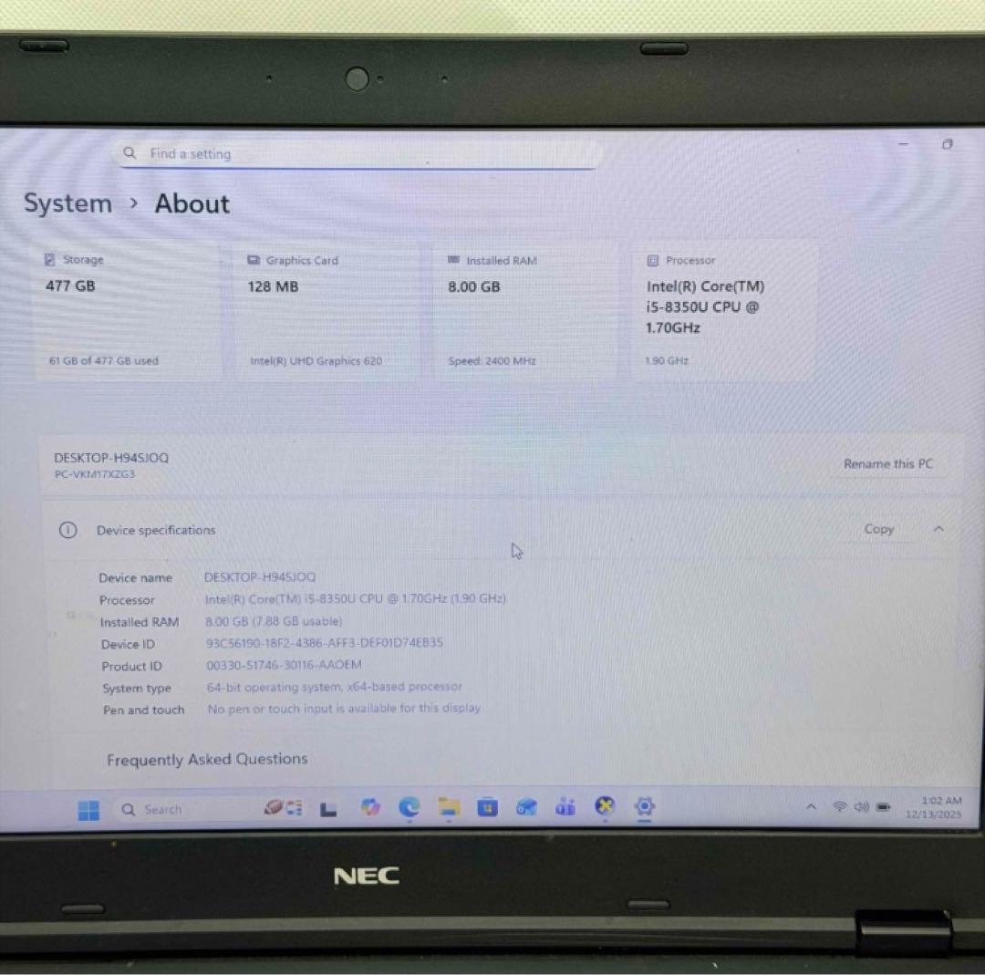 【NEC VersaPro】i5/ RAM 8GB / SSD 512GB