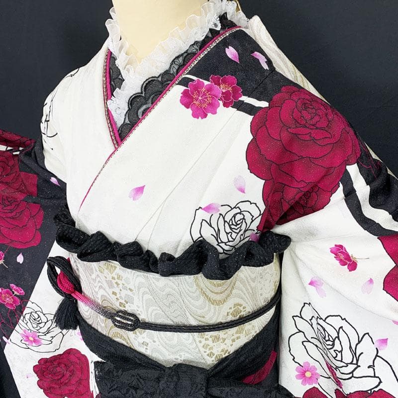 510z3.508y20.小物☆振袖 銀通し モダン 金彩 地紋 薔薇 白黒☆