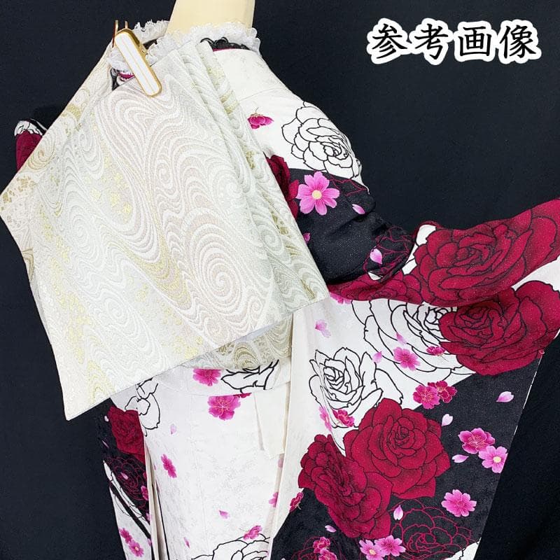 510z3.508y20.小物☆振袖 銀通し モダン 金彩 地紋 薔薇 白黒☆