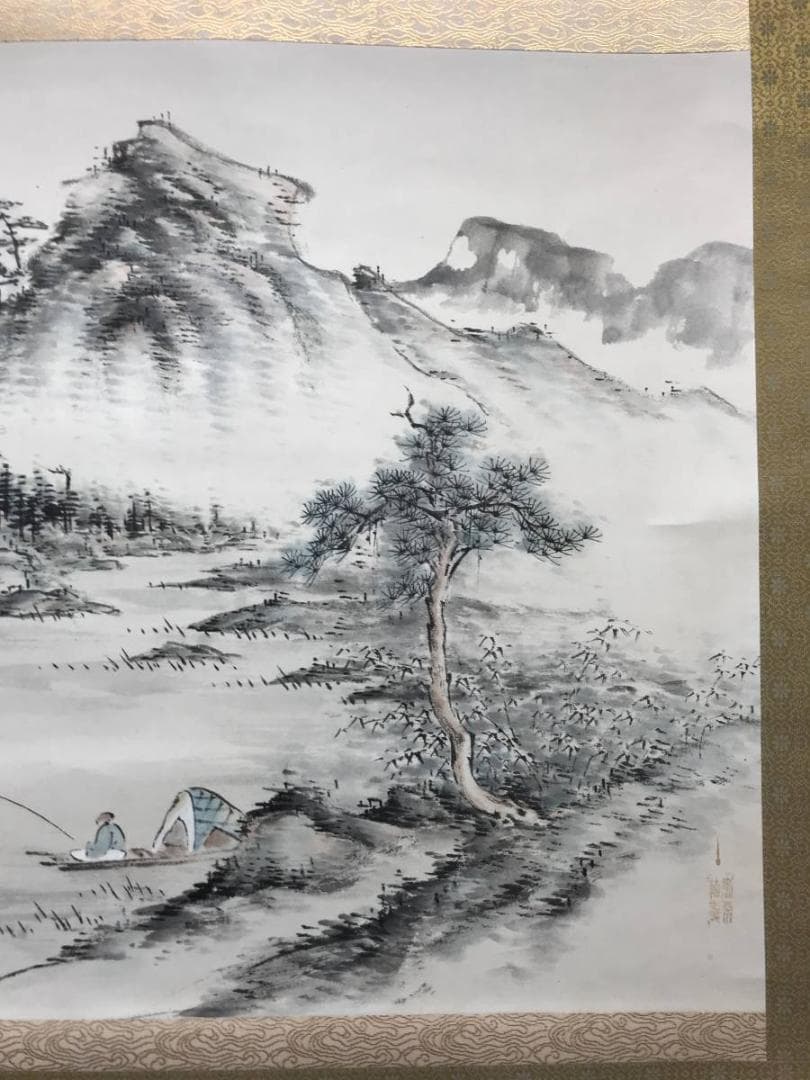 【真作】華英/山湖釣舟画賛/山水図/横物/掛軸/名家伝来/AC-750