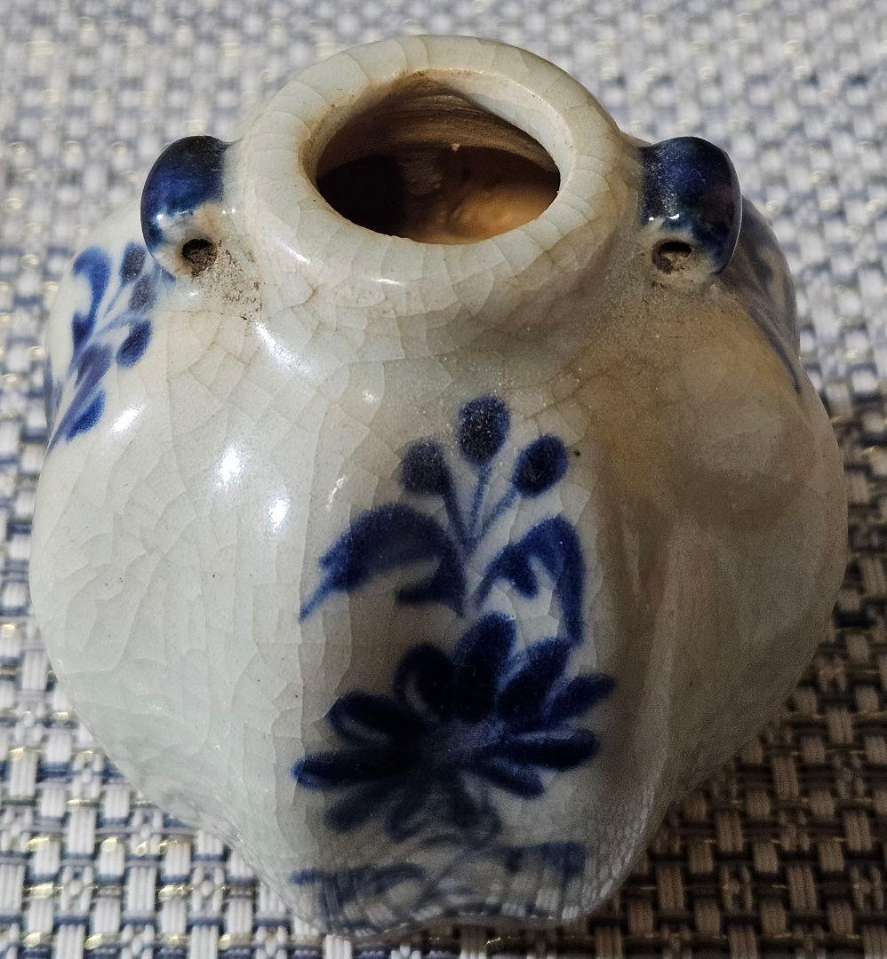 中国古陶磁器　中国古美術　青華　染付 草花の図　八面取り　双耳　花入れ　振り出し