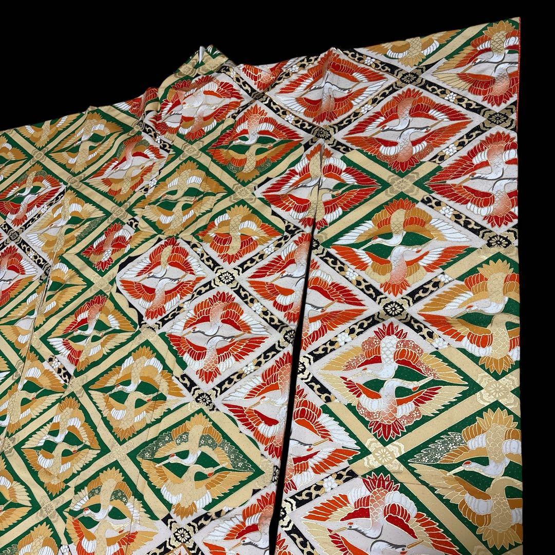 (う3)雅宴向鶴✨豪華絢爛な光を放つ金彩や格子模様のアンティーク振袖㊗️④点セット