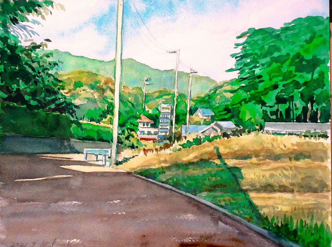 集落風景 水彩画 額装済み F６号