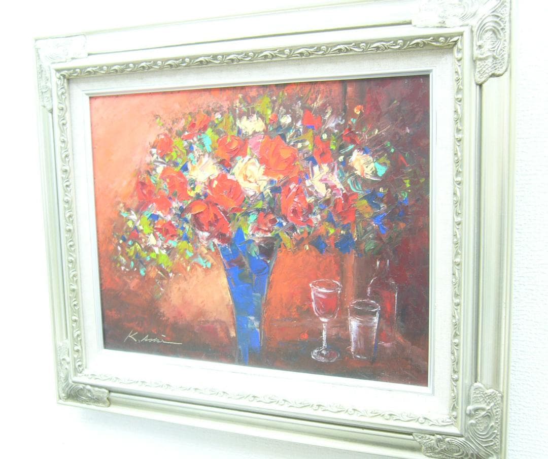 絵画 油絵 青木今陽 肉筆油絵 花瓶いっぱいの花々