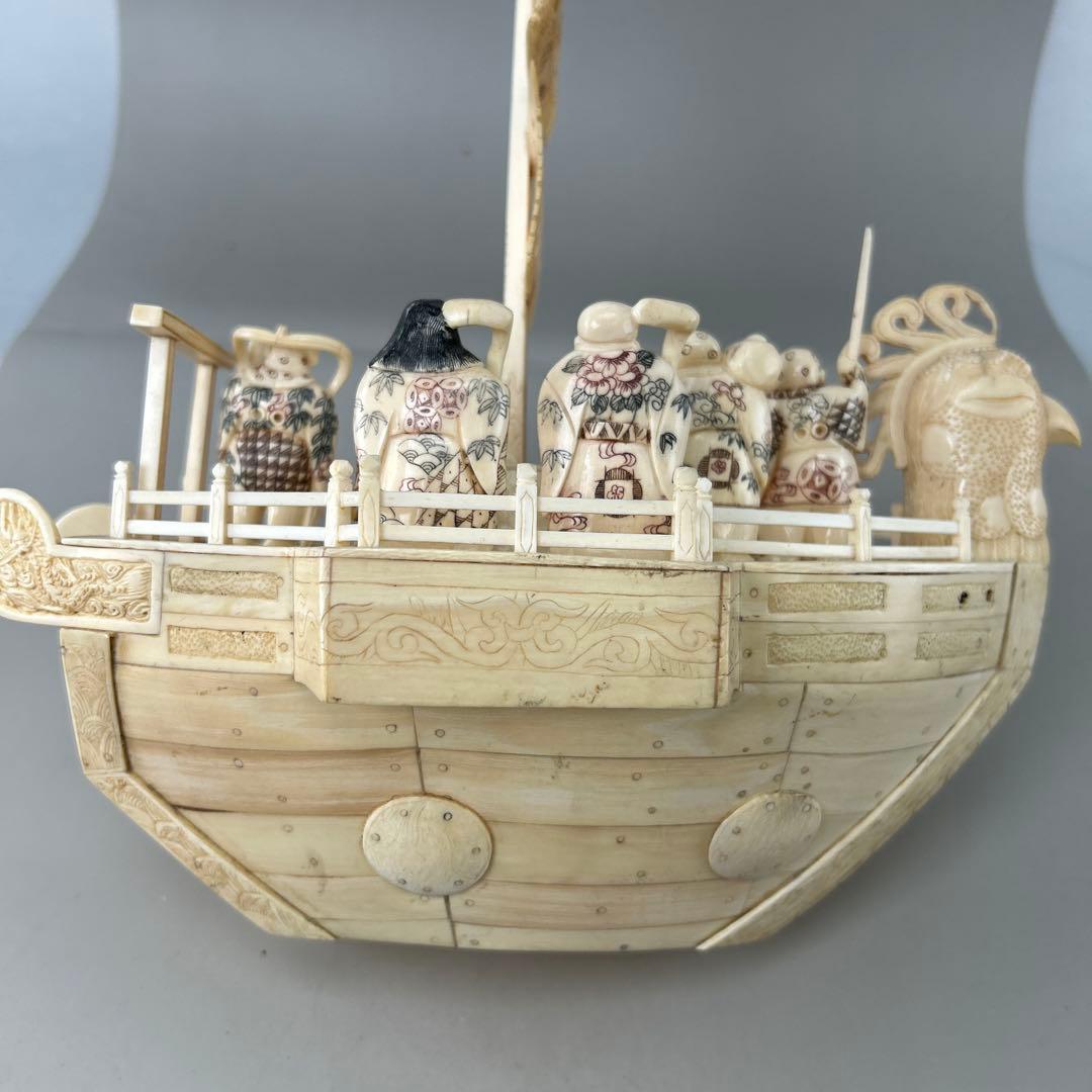 細工 彫刻 宝船七福神　根付　時代物置物人物 開運 長24cm 高28cm