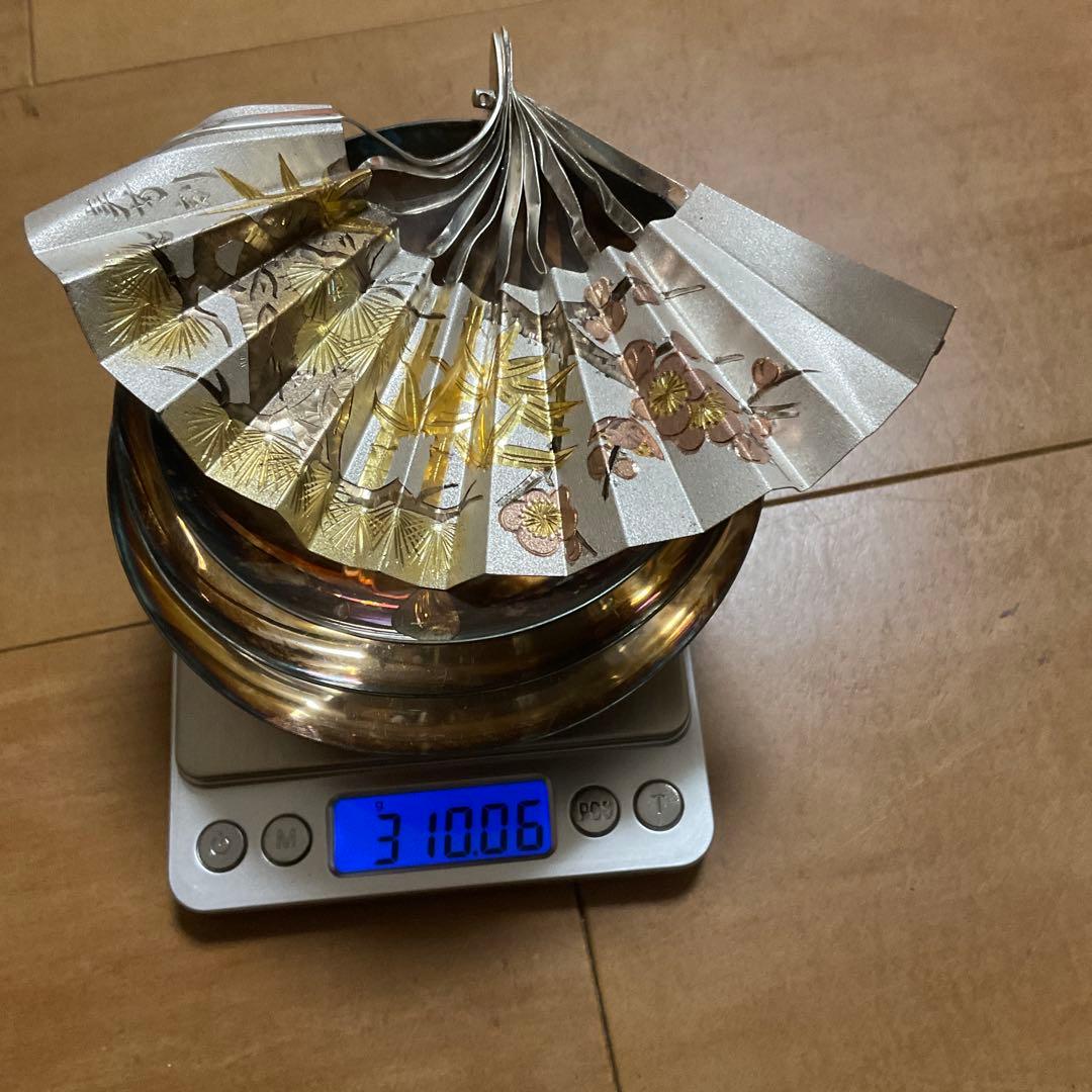 純銀　銀杯　銀盃　潰し　天賞堂　花模様 扇子 310g