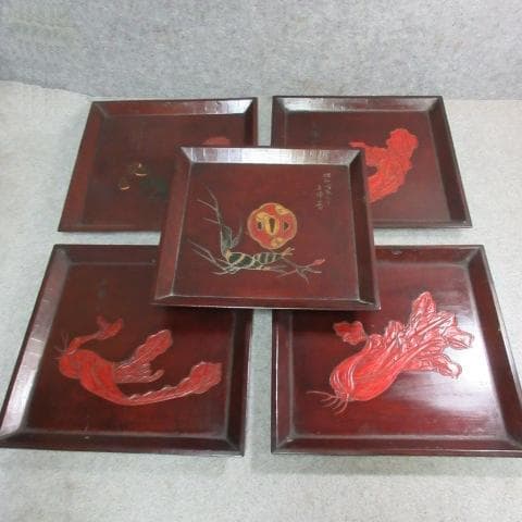 讃岐 手彫り 角盆 5枚 [B23518] 絵変り 両峰山人刀 讃岐木地漆