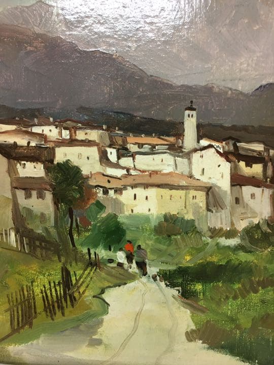 油絵肉筆画 イタリアの画家カンパリ 額縁付き銀色50センチ×43センチ