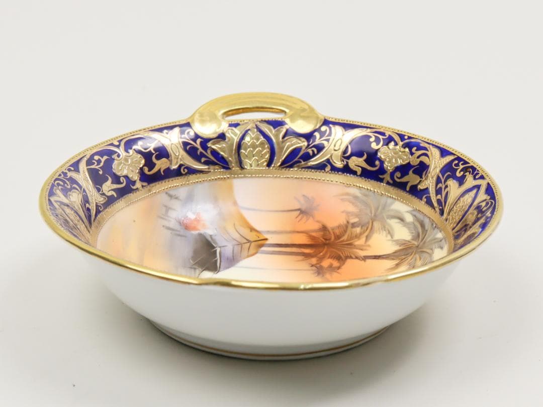 オールドノリタケ 金盛上砂漠風景 ハンドルボウル 手付鉢 飾り鉢