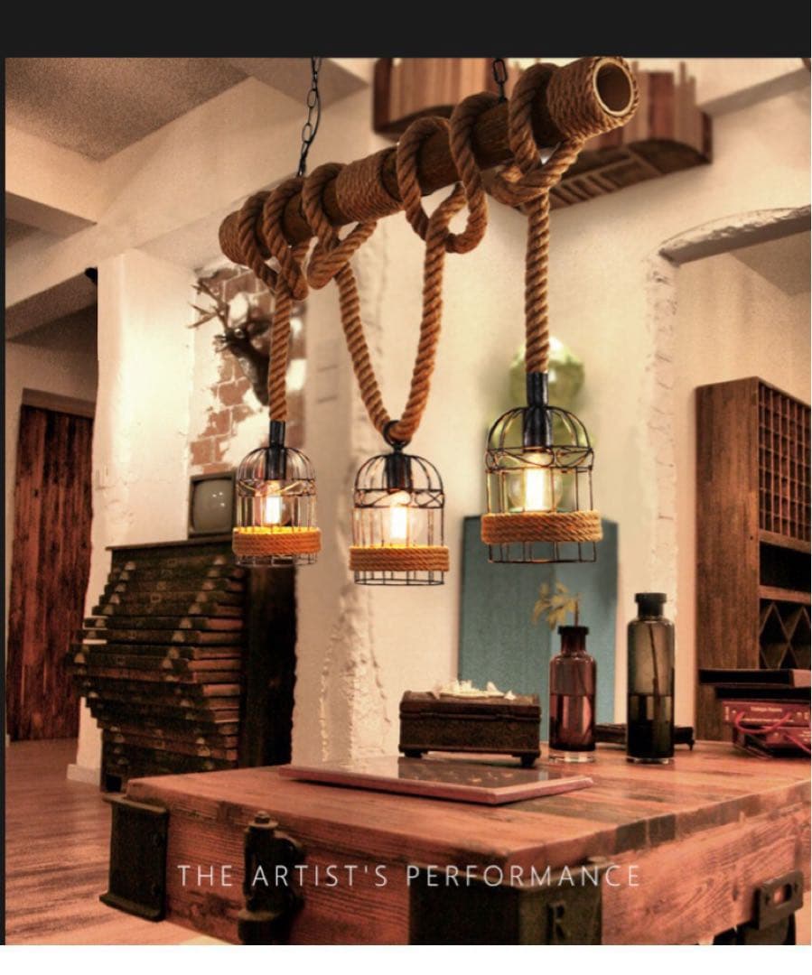 K*）様 LED電球付き ヴィンテージ風 3灯シャンデリア 木材・金属・ロープ製