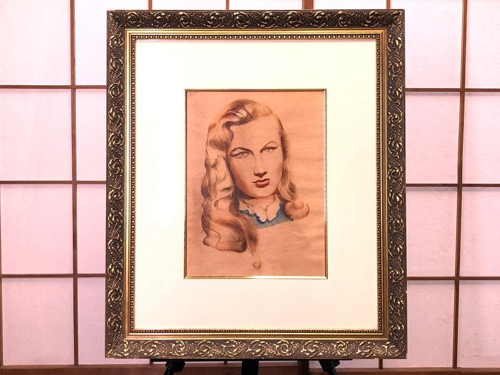 小磯良平 『ブロンド女性肖像画』　肉筆水彩　額装