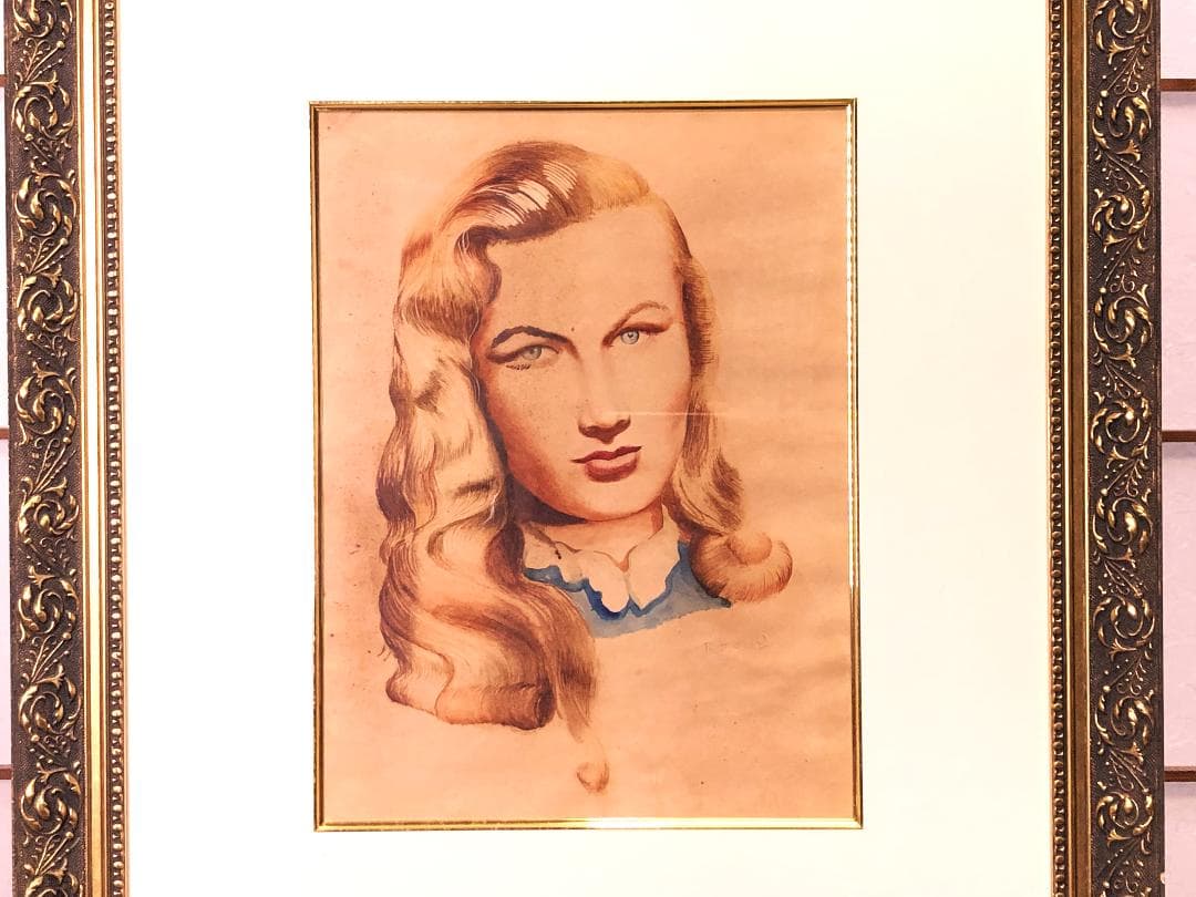 小磯良平 『ブロンド女性肖像画』　肉筆水彩　額装