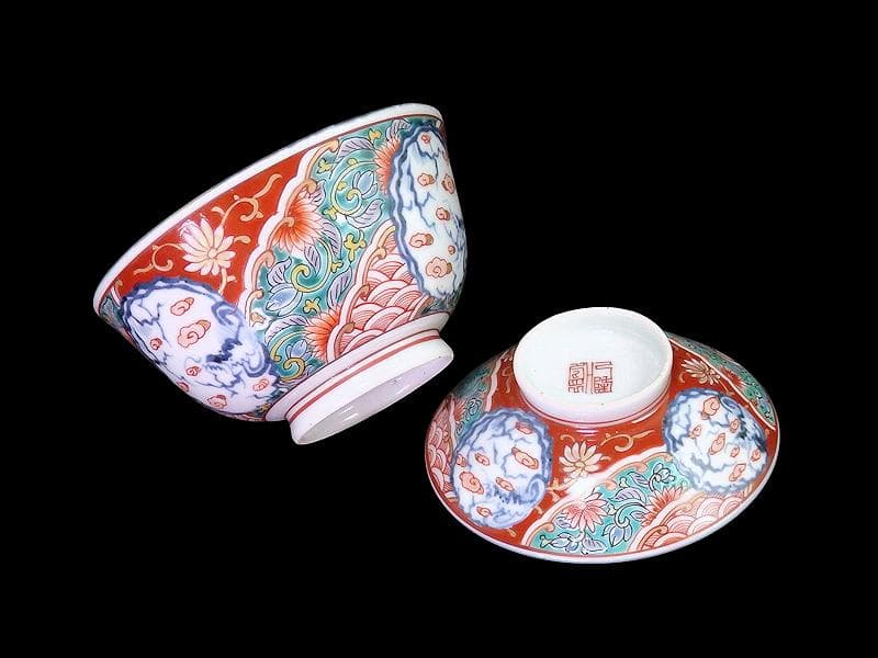 古伊万里　色絵　団龍紋　青海波に花の図　蓋茶碗　２客　D096AS-CWl