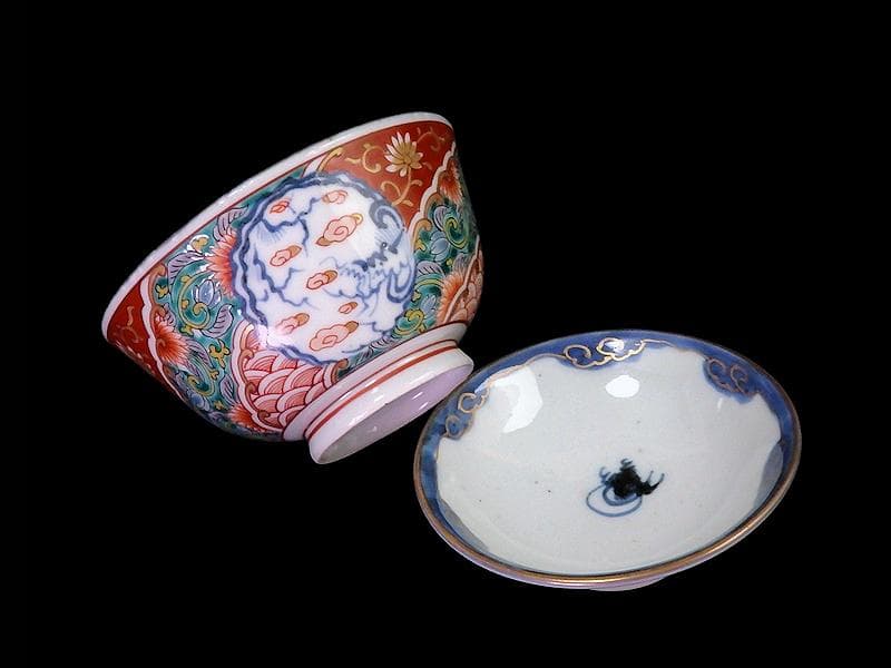 古伊万里　色絵　団龍紋　青海波に花の図　蓋茶碗　２客　D096AS-CWl