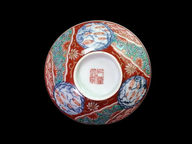 古伊万里　色絵　団龍紋　青海波に花の図　蓋茶碗　２客　D096AS-CWl