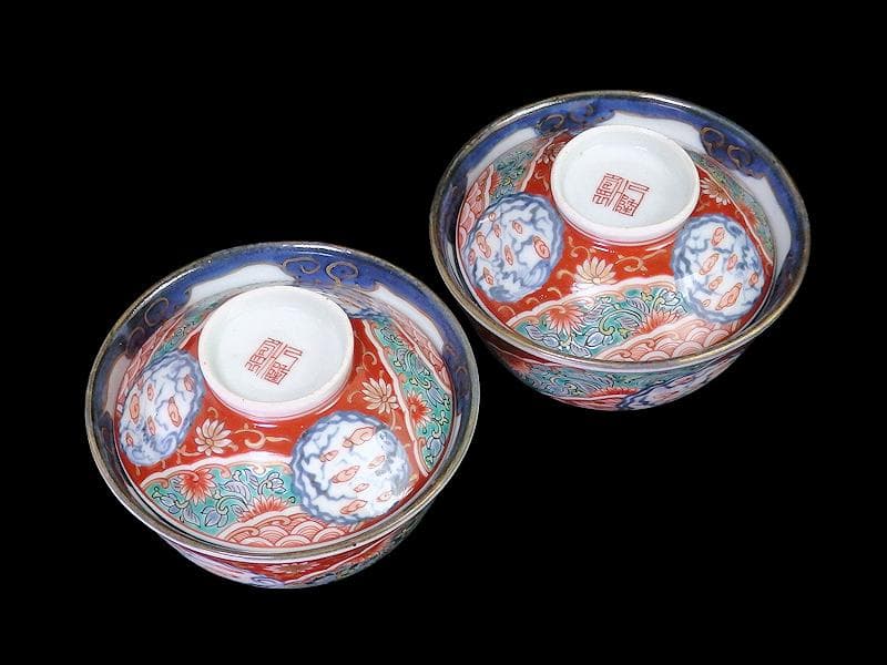 古伊万里　色絵　団龍紋　青海波に花の図　蓋茶碗　２客　D096AS-CWl