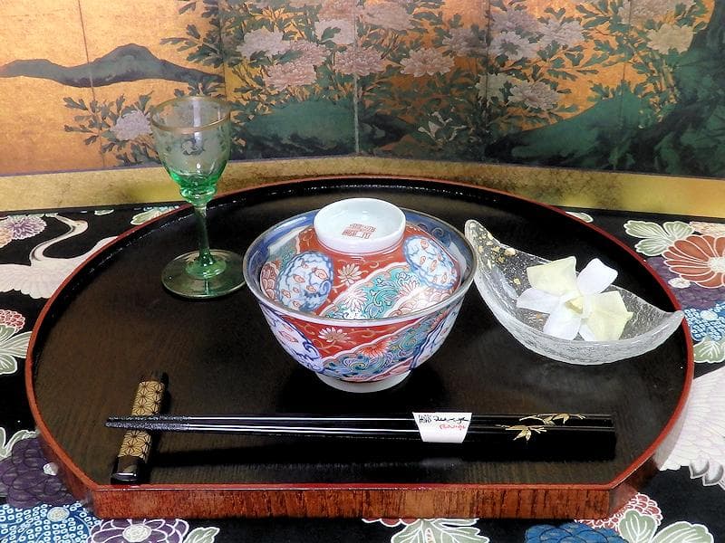 古伊万里　色絵　団龍紋　青海波に花の図　蓋茶碗　２客　D096AS-CWl