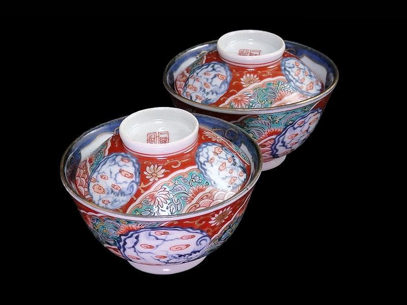 古伊万里　色絵　団龍紋　青海波に花の図　蓋茶碗　２客　D096AS-CWl