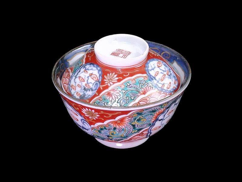 古伊万里　色絵　団龍紋　青海波に花の図　蓋茶碗　２客　D096AS-CWl