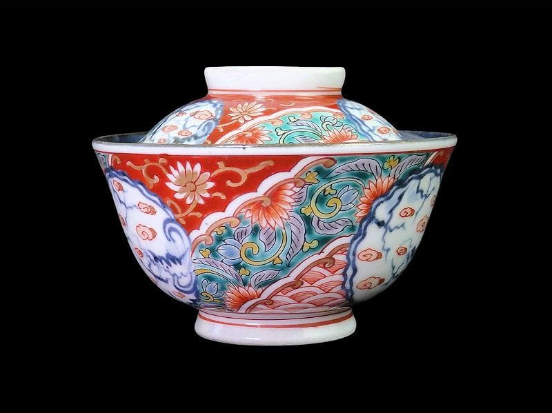 古伊万里　色絵　団龍紋　青海波に花の図　蓋茶碗　２客　D096AS-CWl