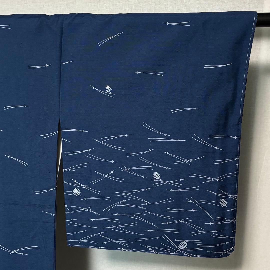 D56 訪問着 紬 吹き寄せ文 藍色 正絹 着物 袷 しつけ糸付き未使用極美品