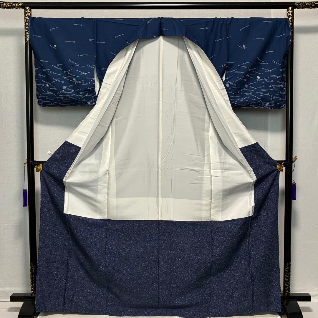 D56 訪問着 紬 吹き寄せ文 藍色 正絹 着物 袷 しつけ糸付き未使用極美品