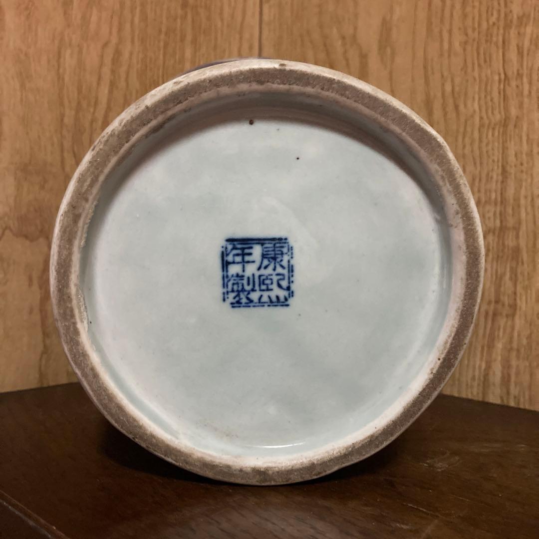 中国　染付　瓶　梅瓶　花鳥波之図　康熙年製銘