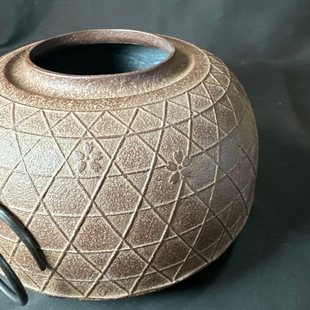 Ｆ18 送料無料　茶釜　平丸釜　桜　在銘　茶道　共箱　釜鐶　茶道具　佐藤浄清